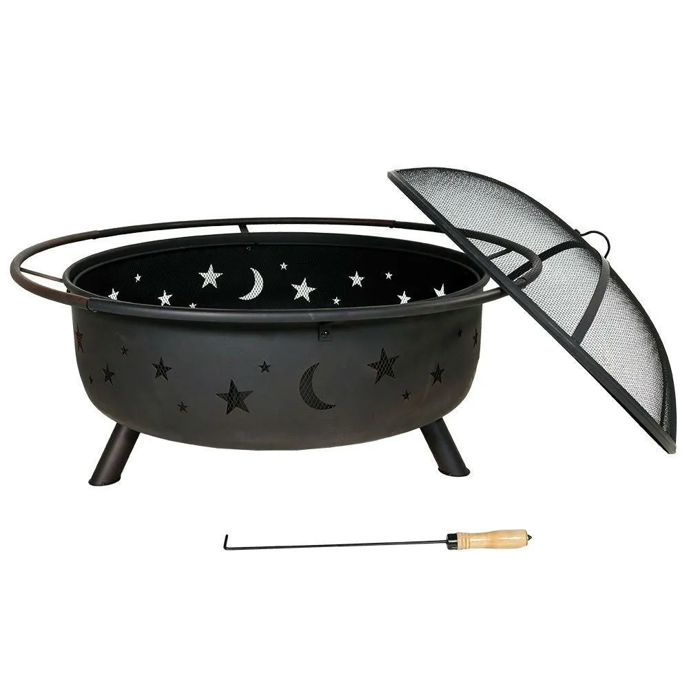 Heavy Duty Black Steel Fire Pit with Cooking Grill and Screen