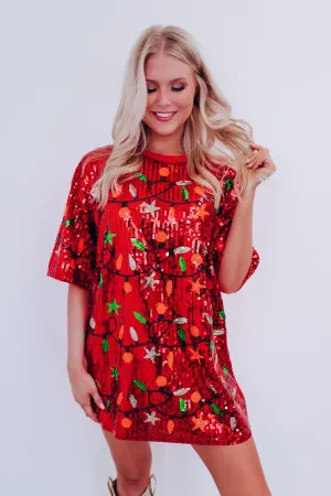 Holiday Lights Sequin T-Shirt Dress - Red