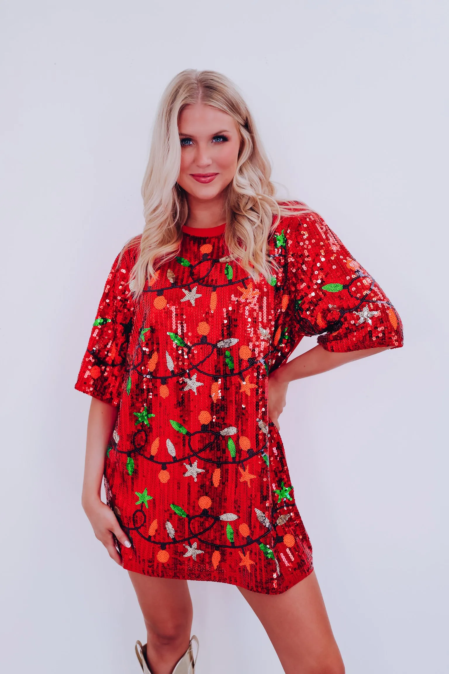 Holiday Lights Sequin T-Shirt Dress - Red