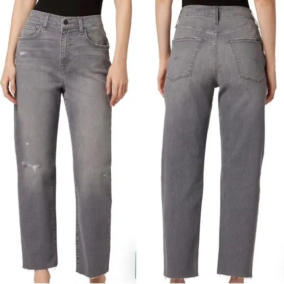 Hudson Womens NEW Kass High Rise Distressed Straight Ankle Jeans Washed Black 29