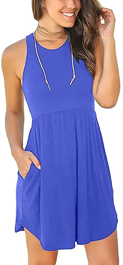 isermeo Blue Women's Summer Sleeveless Casual Dresses Swing Cover Up Elastic Sundress Beach Tank Dress with Pockets Size Small