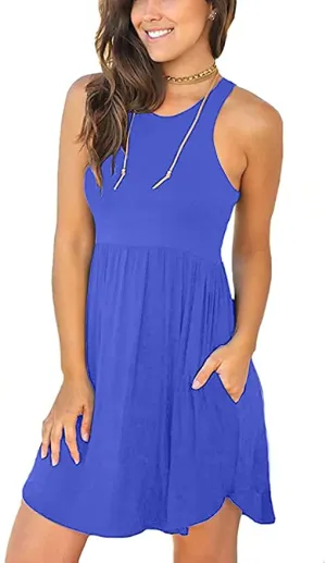isermeo Blue Women's Summer Sleeveless Casual Dresses Swing Cover Up Elastic Sundress Beach Tank Dress with Pockets Size Small