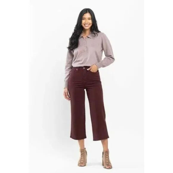 Judy Blue &quot;Eva&quot; Tummy Control Hi Waist Wide Leg Crop Burgundy Jeans 9/29 NWT