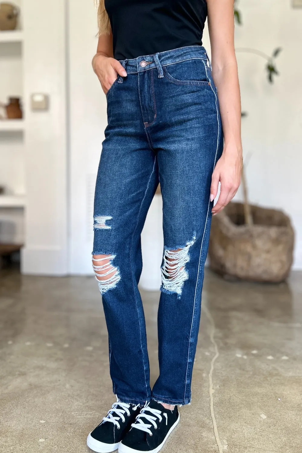 Judy Blue High Waist Rigid Magic Heavy Destroy Straight Jeans - Online Exclusive