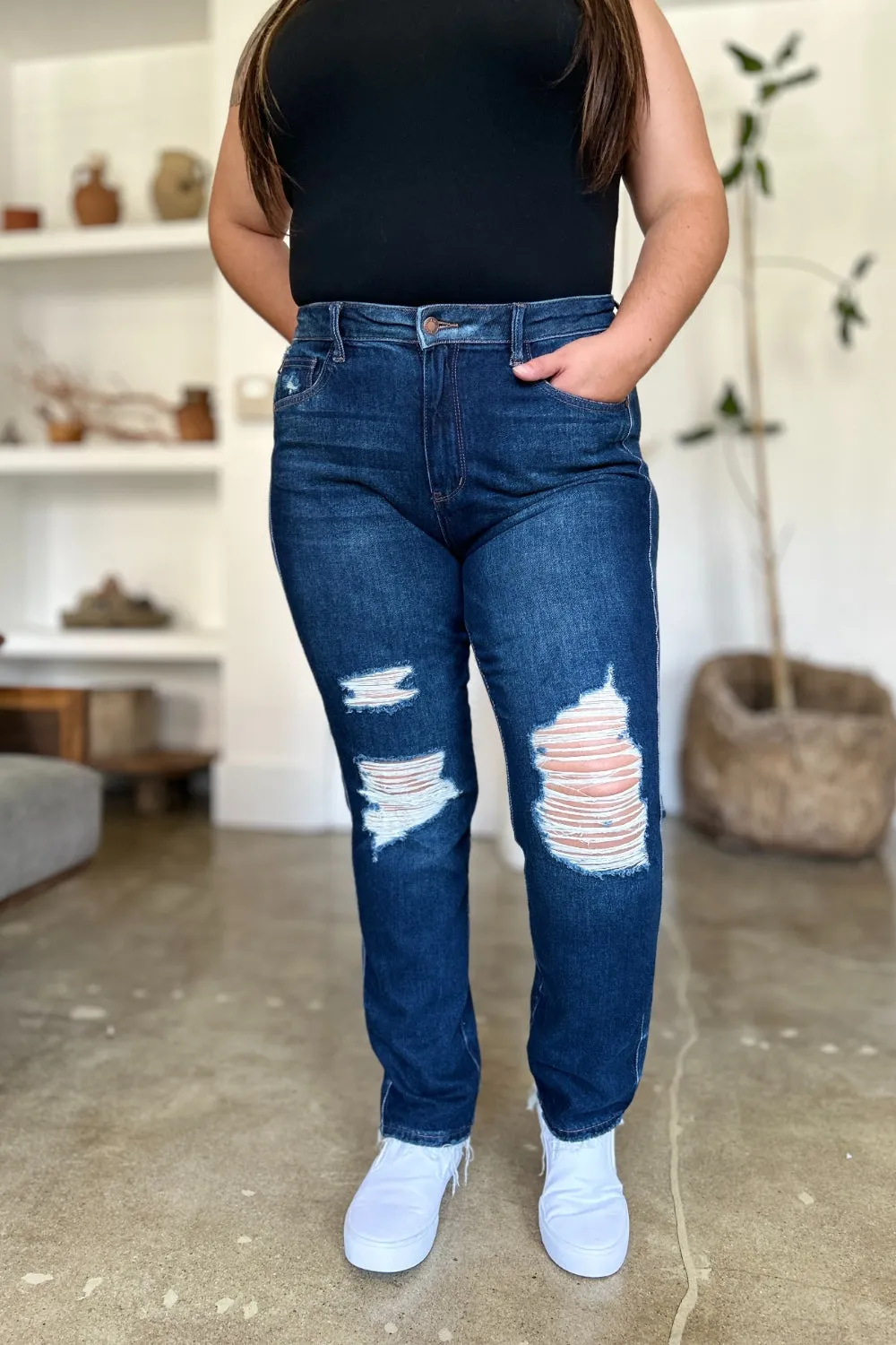 Judy Blue High Waist Rigid Magic Heavy Destroy Straight Jeans - Online Exclusive