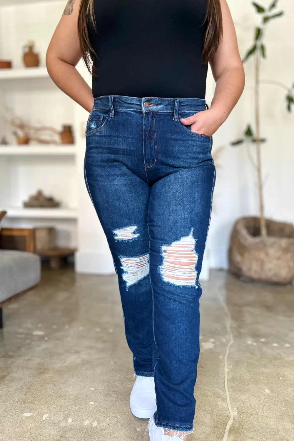 Judy Blue High Waist Rigid Magic Heavy Destroy Straight Jeans - Online Exclusive