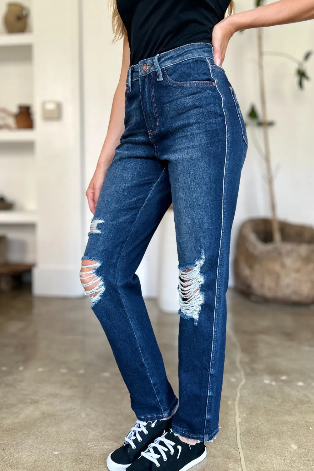 Judy Blue High Waist Rigid Magic Heavy Destroy Straight Jeans - Online Exclusive
