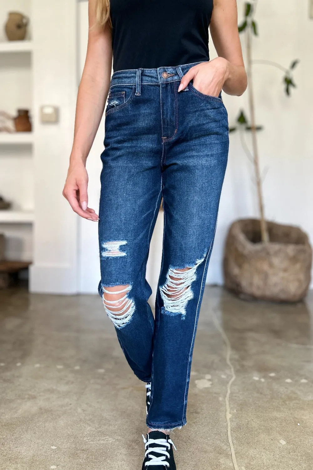 Judy Blue High Waist Rigid Magic Heavy Destroy Straight Jeans - Online Exclusive