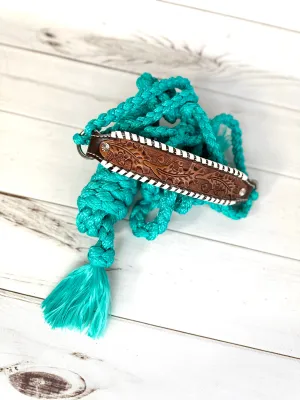 Leather Tooled Cream Whipstitch Band Halter on Turquoise Nylon Muletape