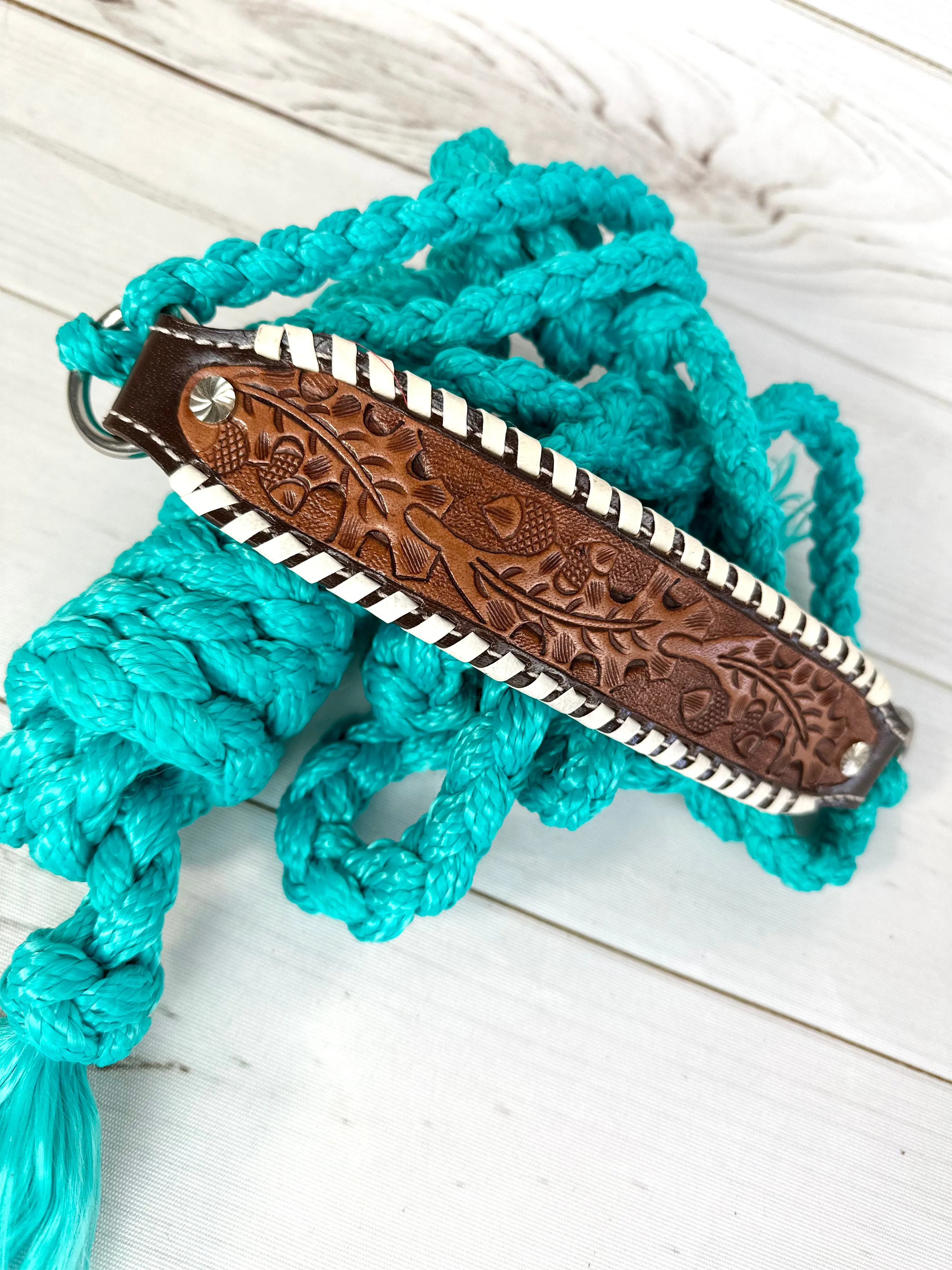 Leather Tooled Cream Whipstitch Band Halter on Turquoise Nylon Muletape