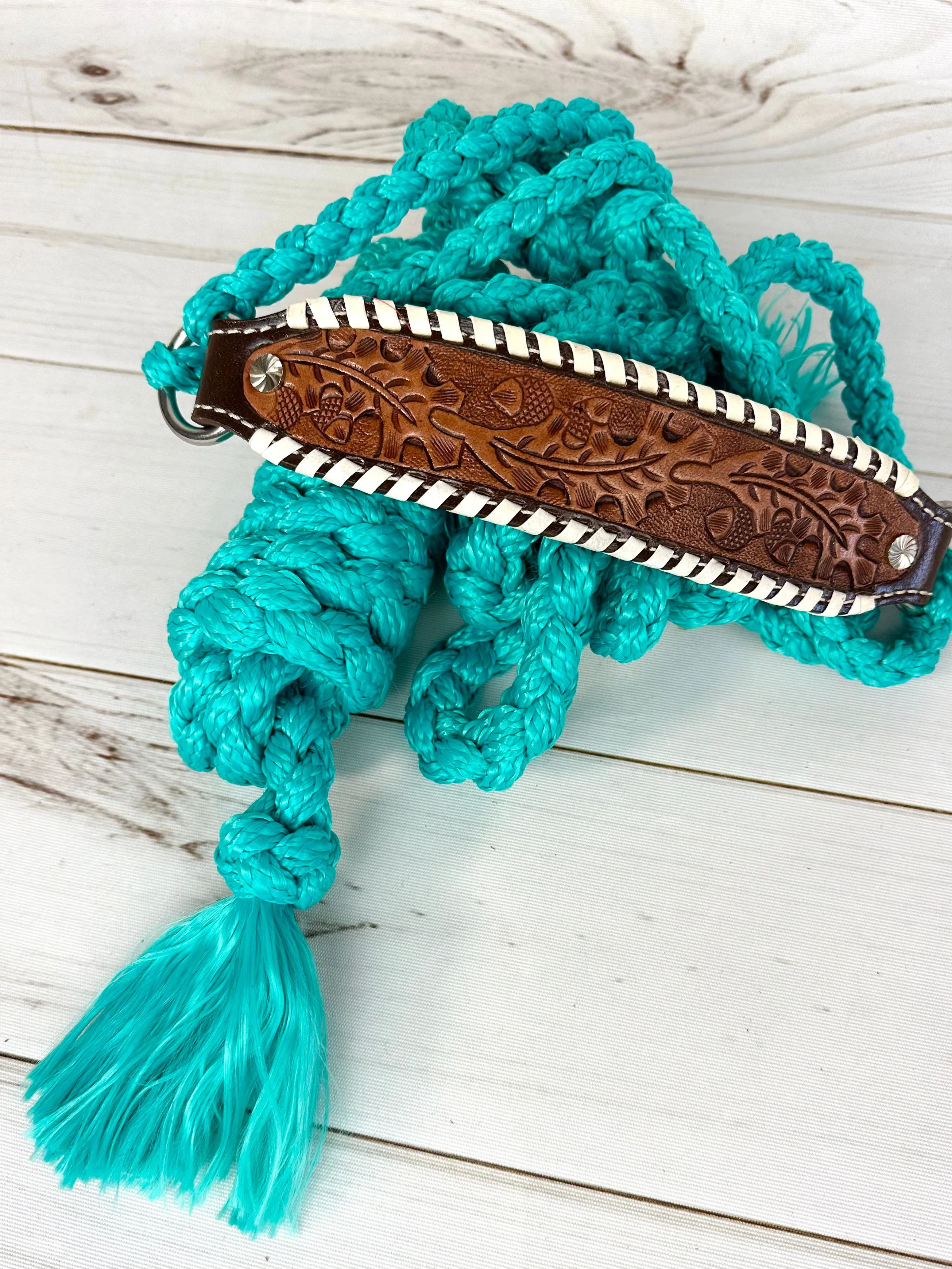 Leather Tooled Cream Whipstitch Band Halter on Turquoise Nylon Muletape