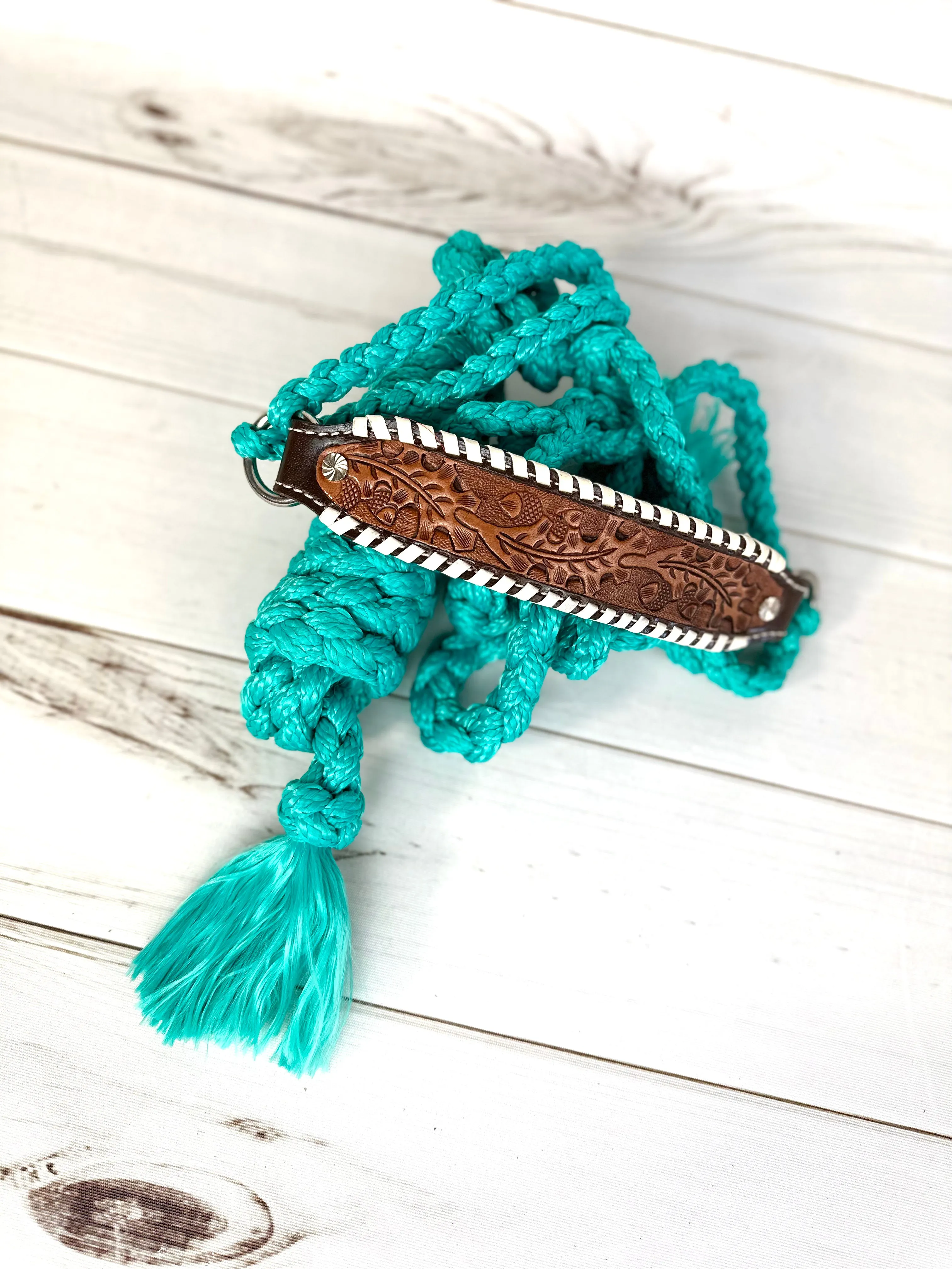 Leather Tooled Cream Whipstitch Band Halter on Turquoise Nylon Muletape