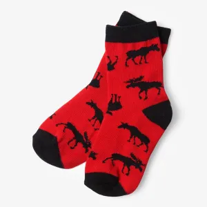 Little Blue House Crew Socks - Moose on Red