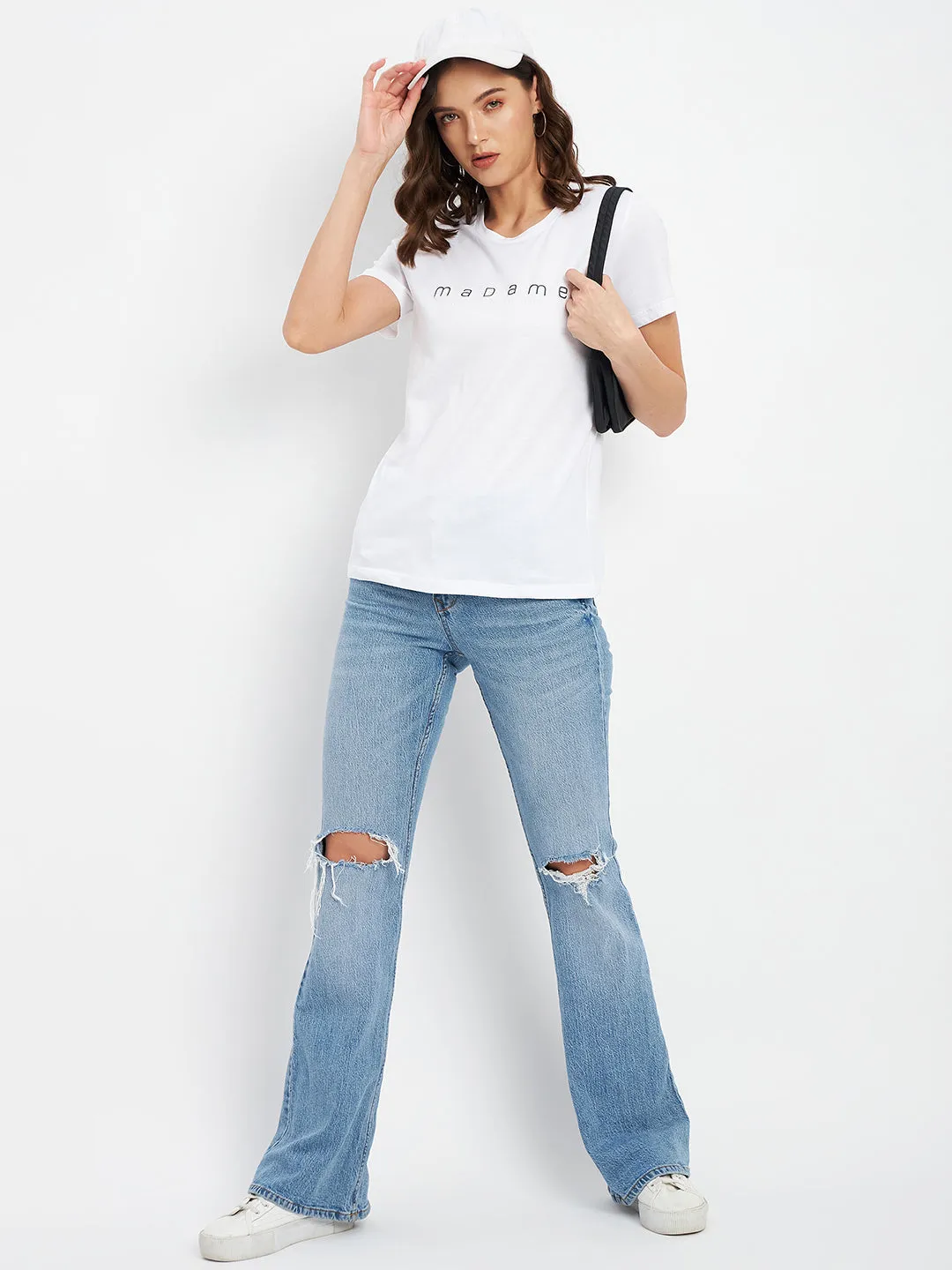 Madame White Crew Neckline  Typography Tshirt