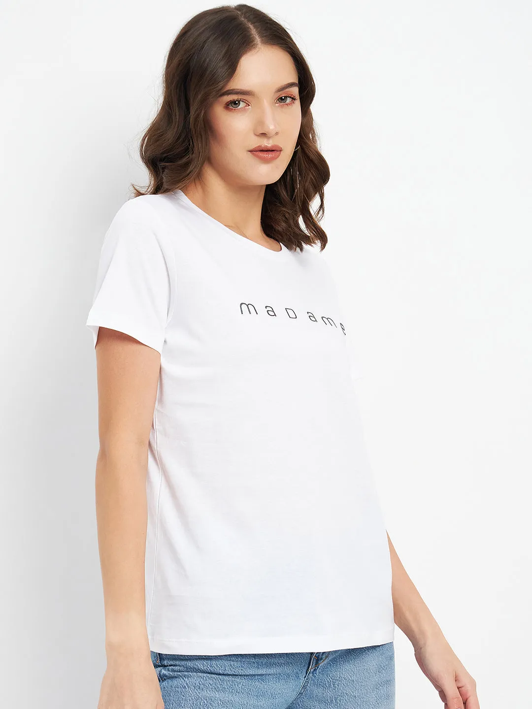 Madame White Crew Neckline  Typography Tshirt