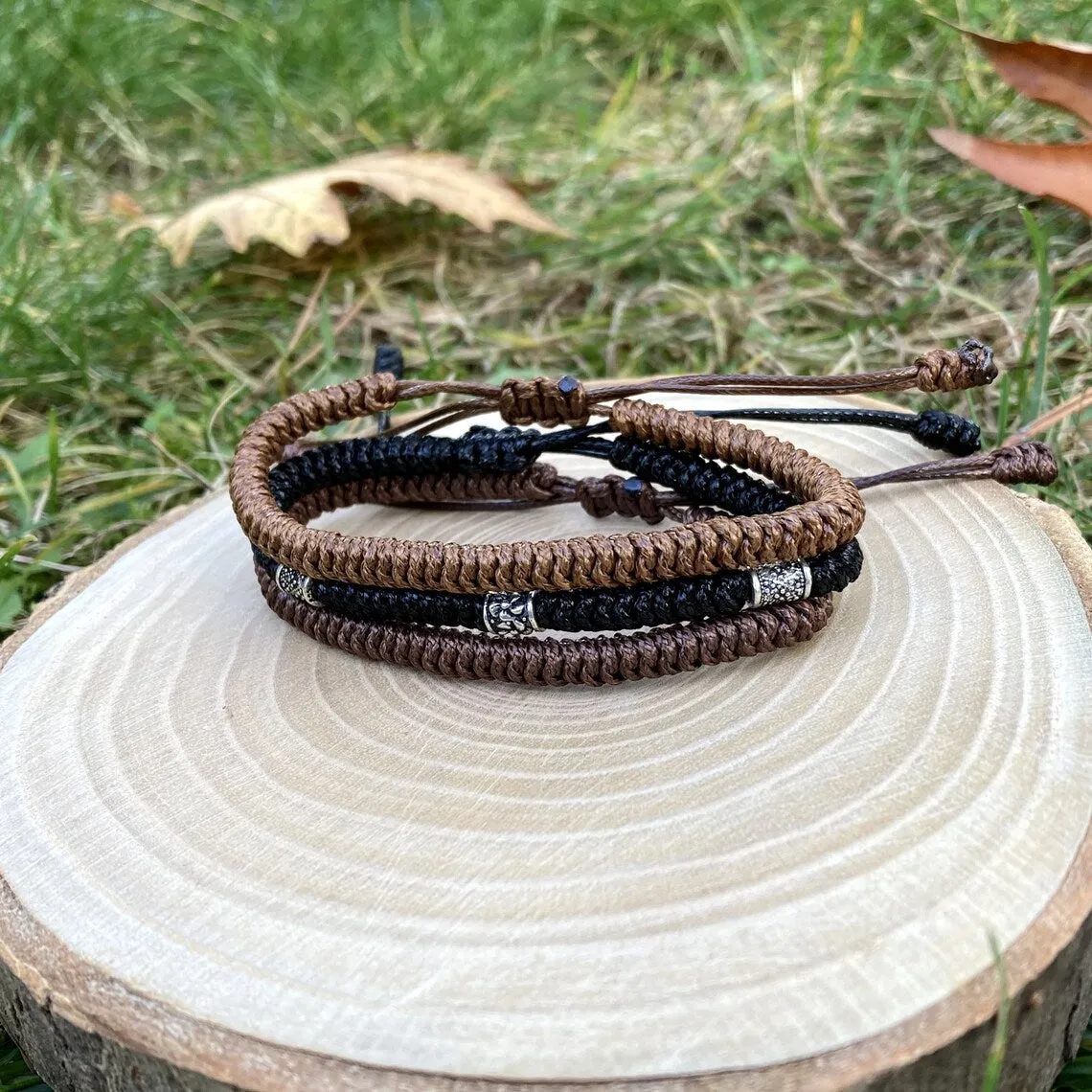 Men Knitting Silver Beaded Wristband - Luck Bracelet for Men