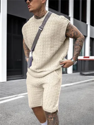 Men's Sporty Trendy Loose Sleeveless Knitted Tops Knee Shorts