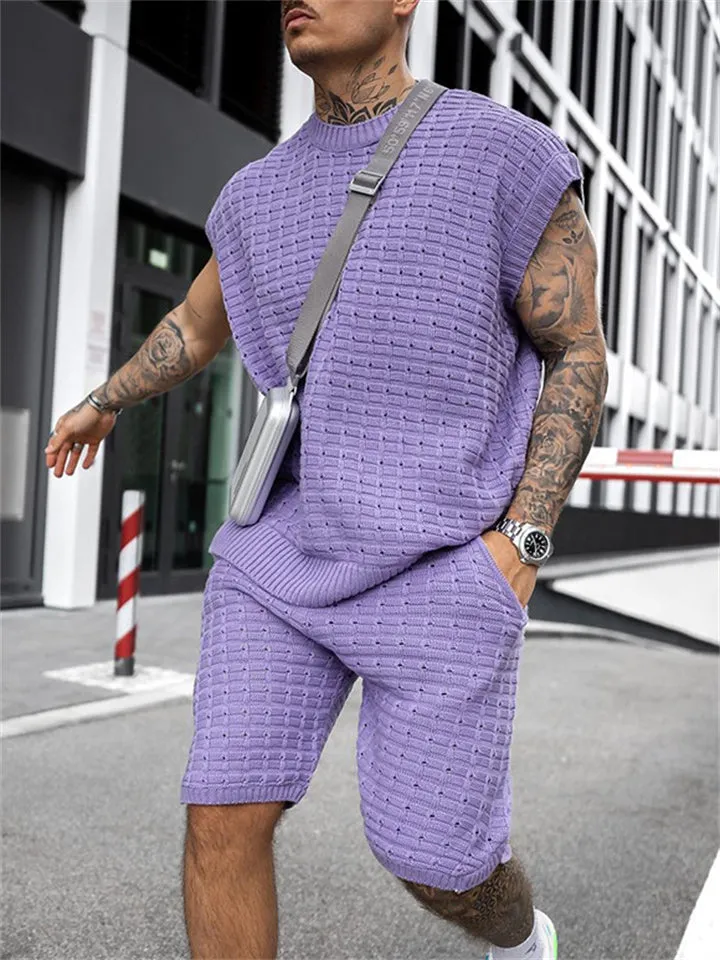 Men's Sporty Trendy Loose Sleeveless Knitted Tops Knee Shorts