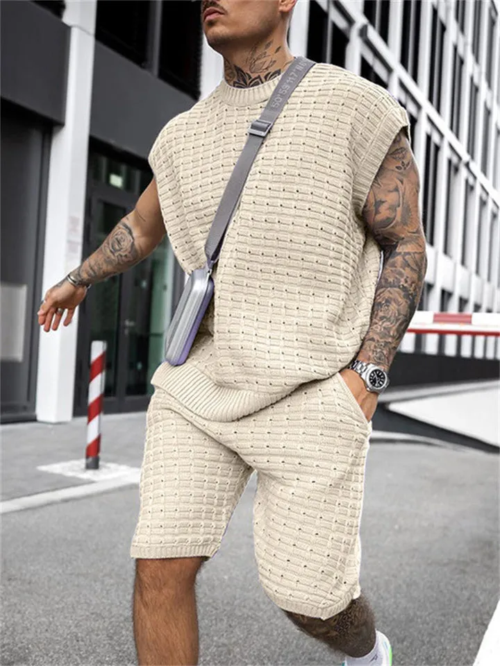 Men's Sporty Trendy Loose Sleeveless Knitted Tops Knee Shorts