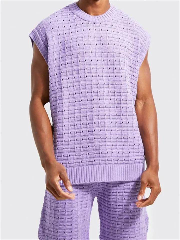 Men's Sporty Trendy Loose Sleeveless Knitted Tops Knee Shorts