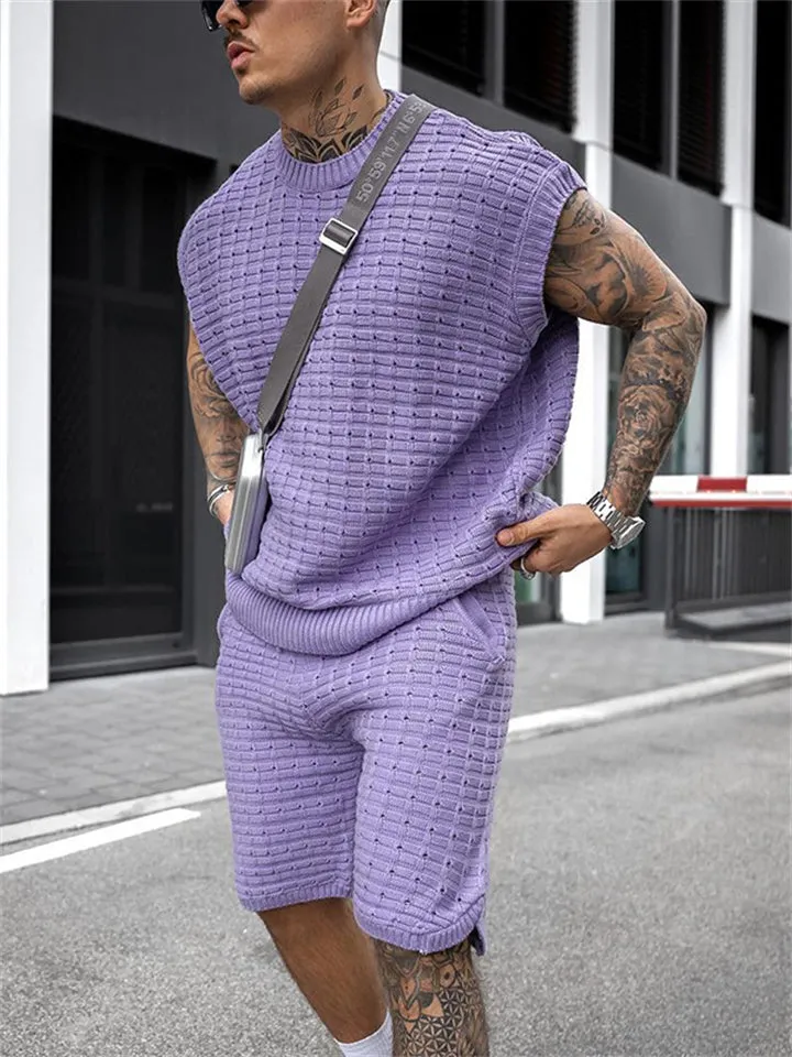 Men's Sporty Trendy Loose Sleeveless Knitted Tops Knee Shorts