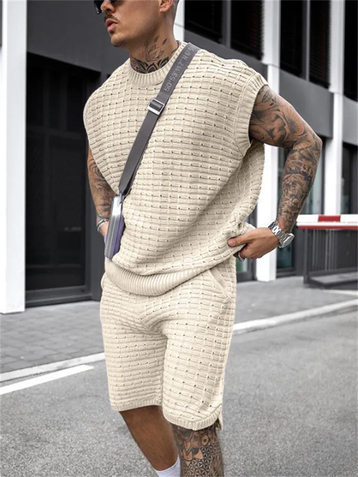 Men's Sporty Trendy Loose Sleeveless Knitted Tops Knee Shorts