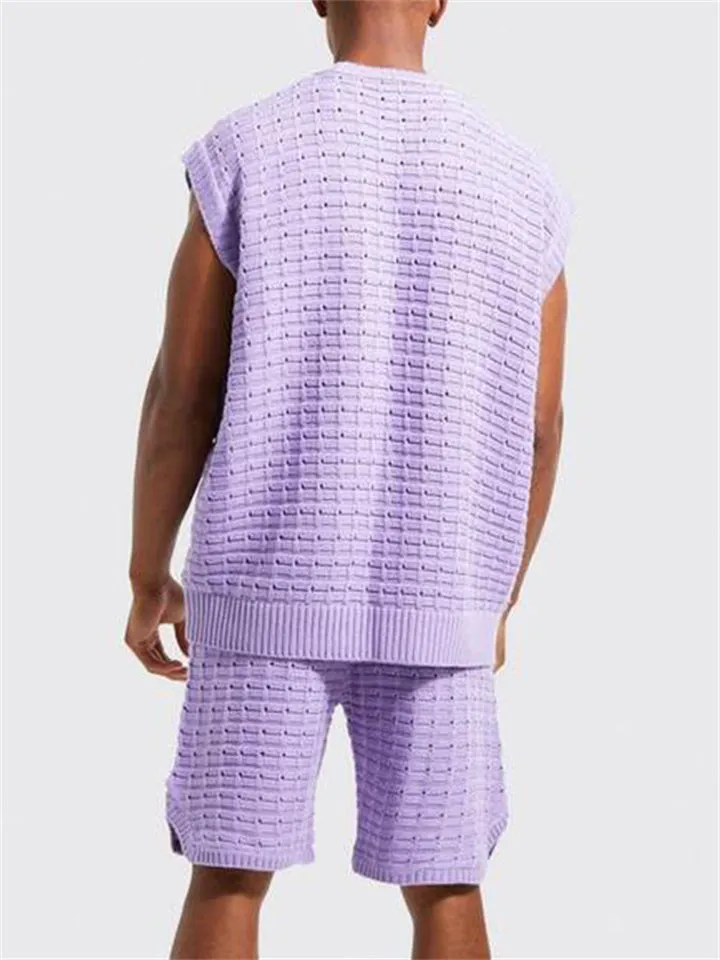 Men's Sporty Trendy Loose Sleeveless Knitted Tops Knee Shorts