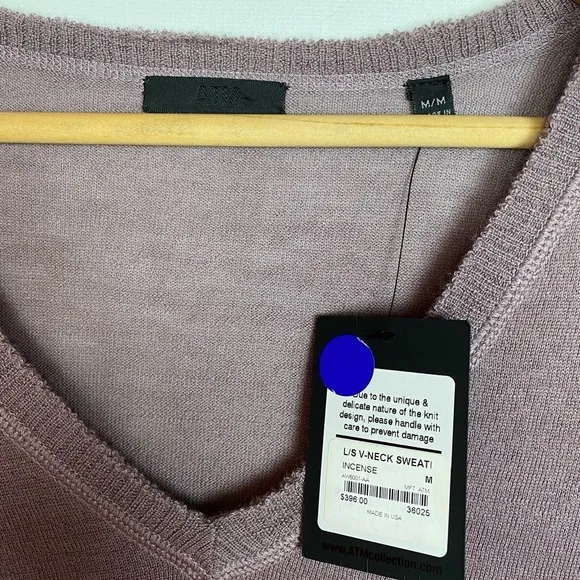 NEW ATM Cashmere V-Neck Pullover Sweater Dusty Purple $369