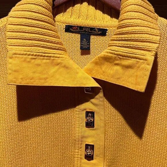 NEW Lauren Ralph Lauren Collared Yellow Knit Sweater with Gold Clasp Closure XL