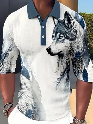 New Men's Wolf Print Lapel Shirt Fashion Casual Long Sleeve Golf Shirt Sz M Mixed Blue