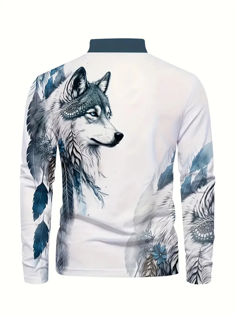 New Men's Wolf Print Lapel Shirt Fashion Casual Long Sleeve Golf Shirt Sz M Mixed Blue