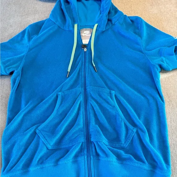 Nike Y2K Blue Terry Cloth Short Sleeve Zip Up Hoodie