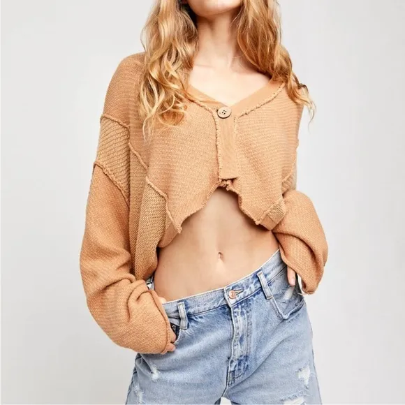 NWT Free People We the Free Tan Cardigan Sweater Womens S Cropped Loose $128