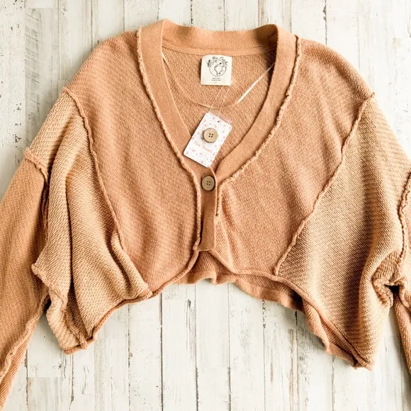 NWT Free People We the Free Tan Cardigan Sweater Womens S Cropped Loose $128