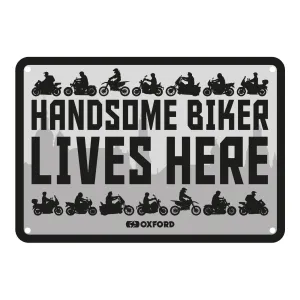 Oxford Garage Metal Sign: "Handsome Biker Lives Here"