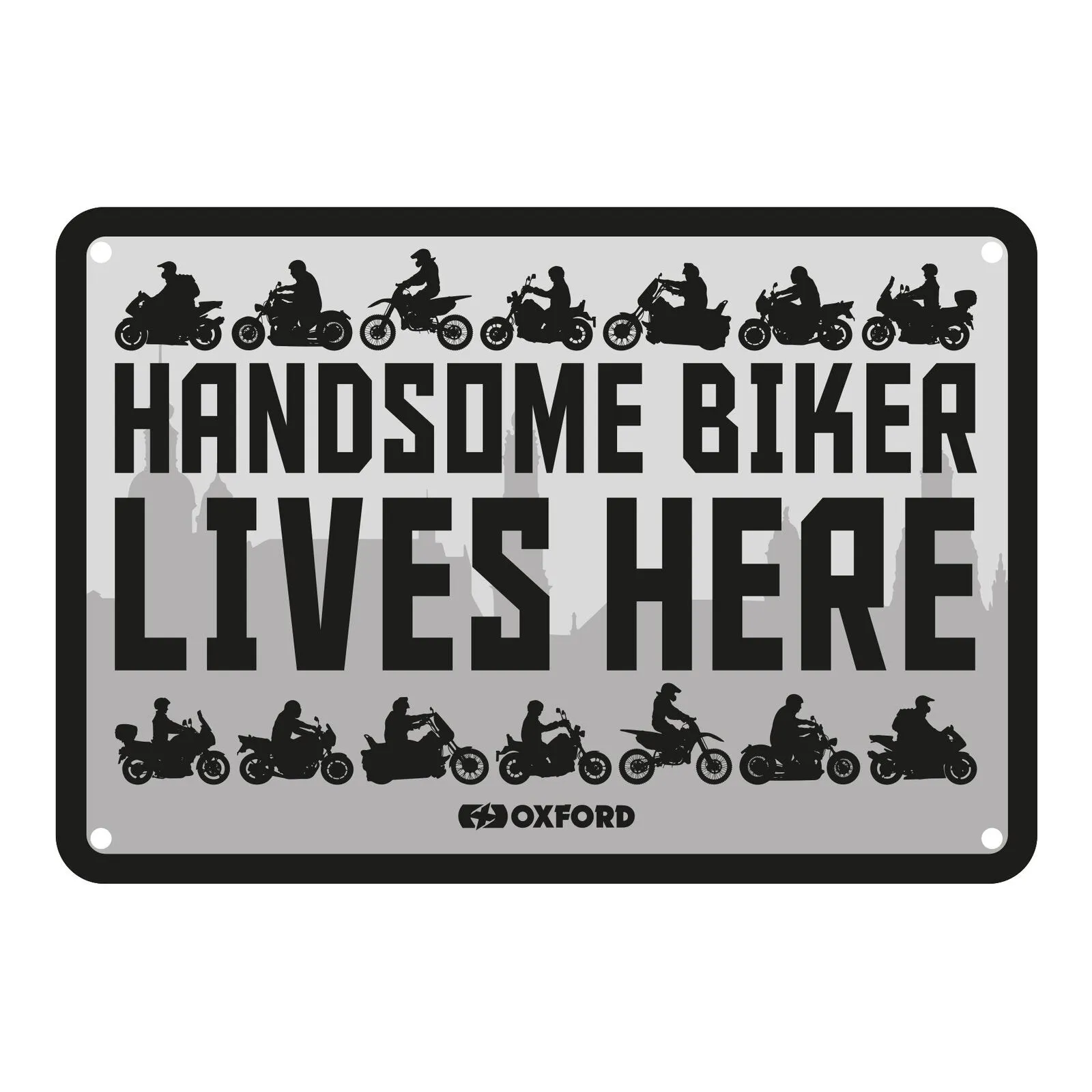 Oxford Garage Metal Sign: "Handsome Biker Lives Here"