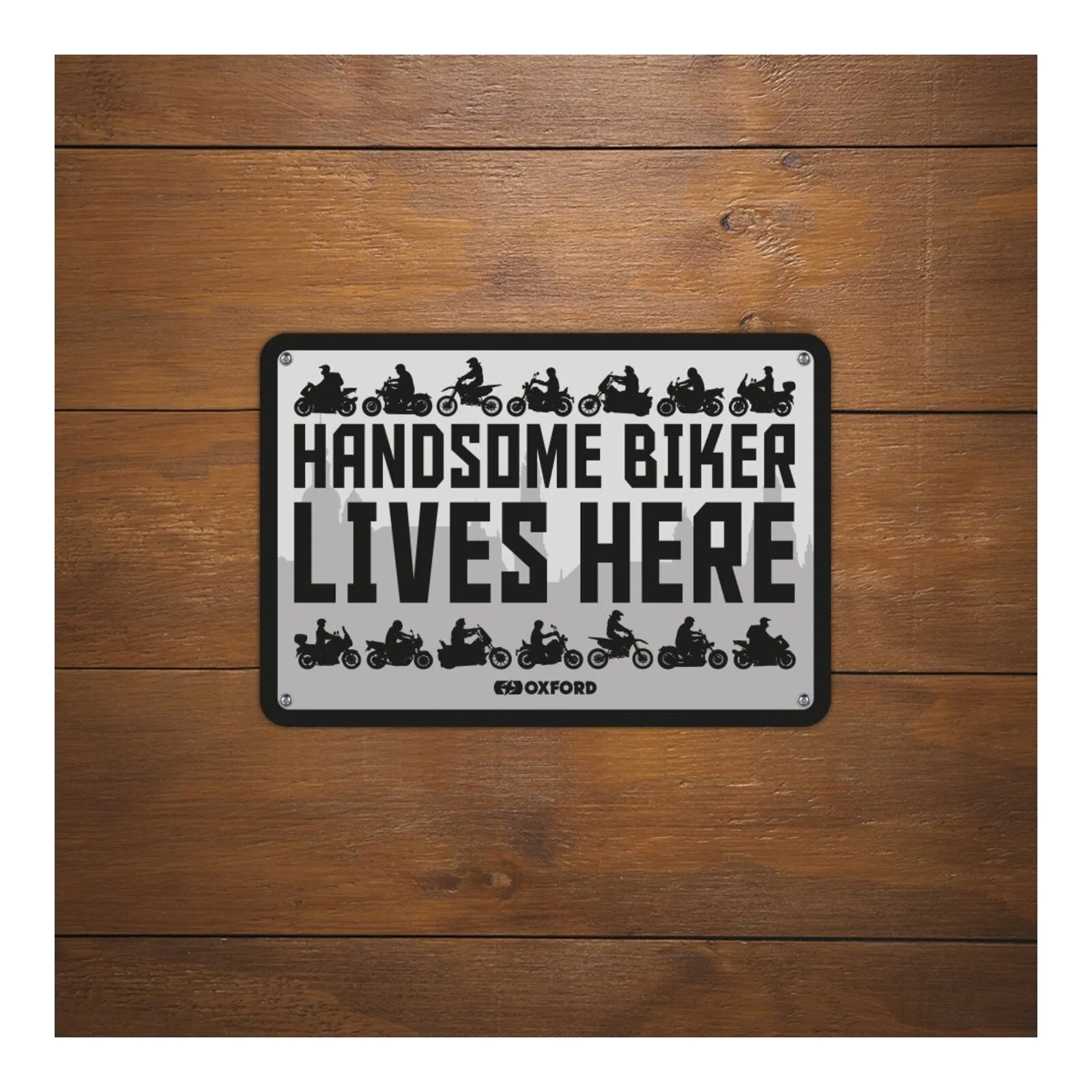 Oxford Garage Metal Sign: "Handsome Biker Lives Here"