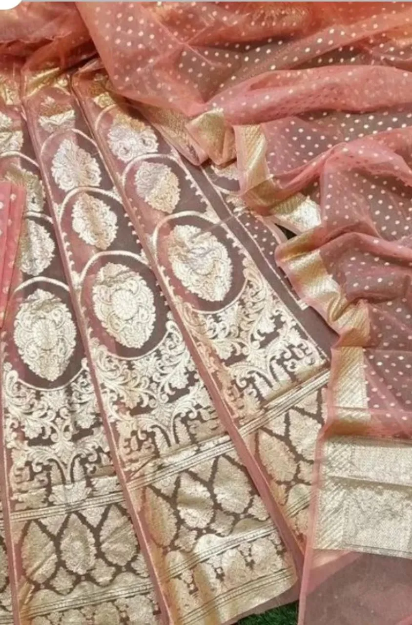 Peach Banarasi Organza Silk  Lehenga