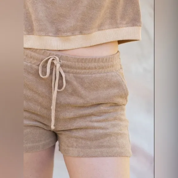 People Of Leisure Size S Tan 100% Organic Cotton Drawstring Terry Cloth Shorts