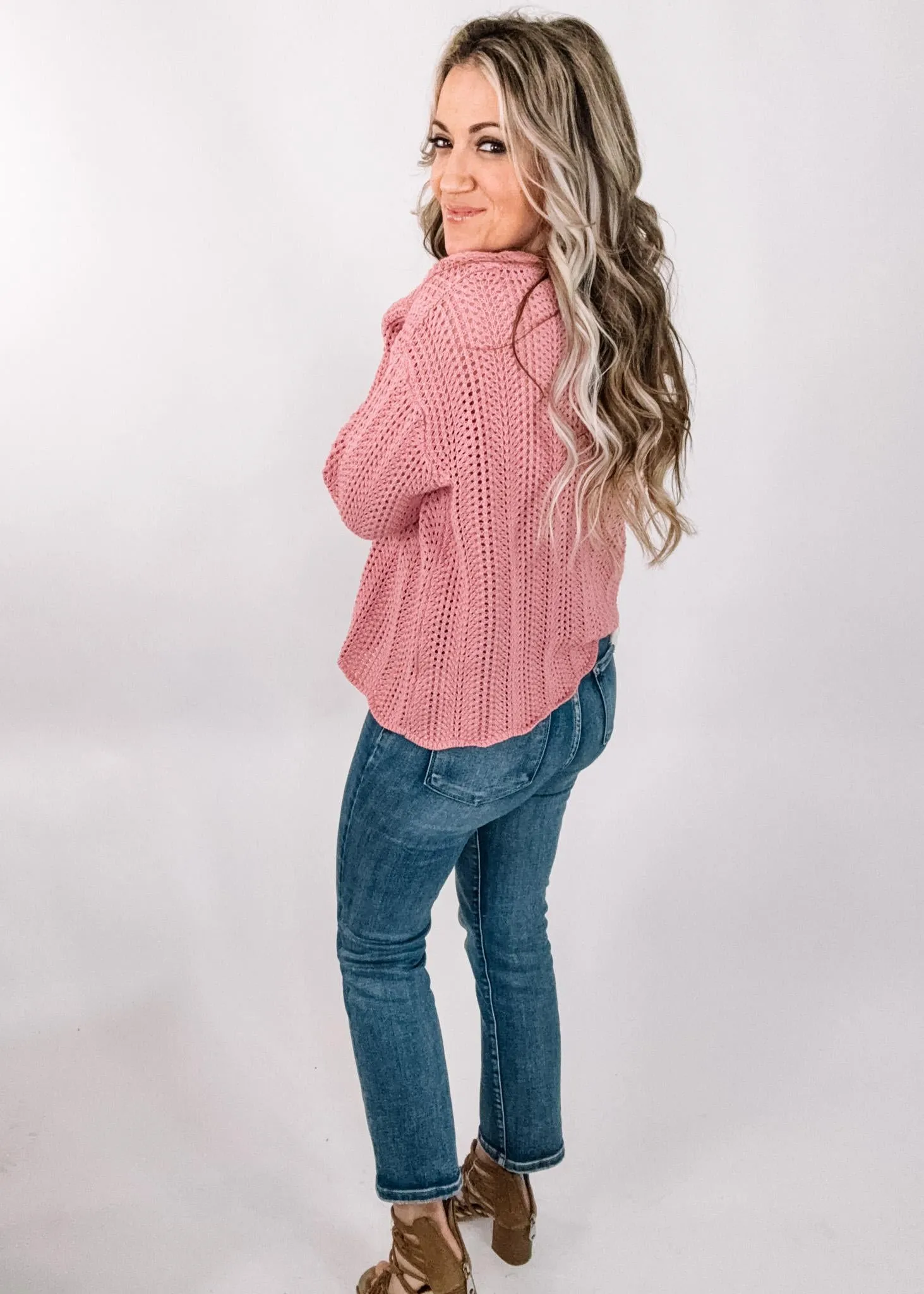 Pink Boxy Cut Crochet Knit Sweater