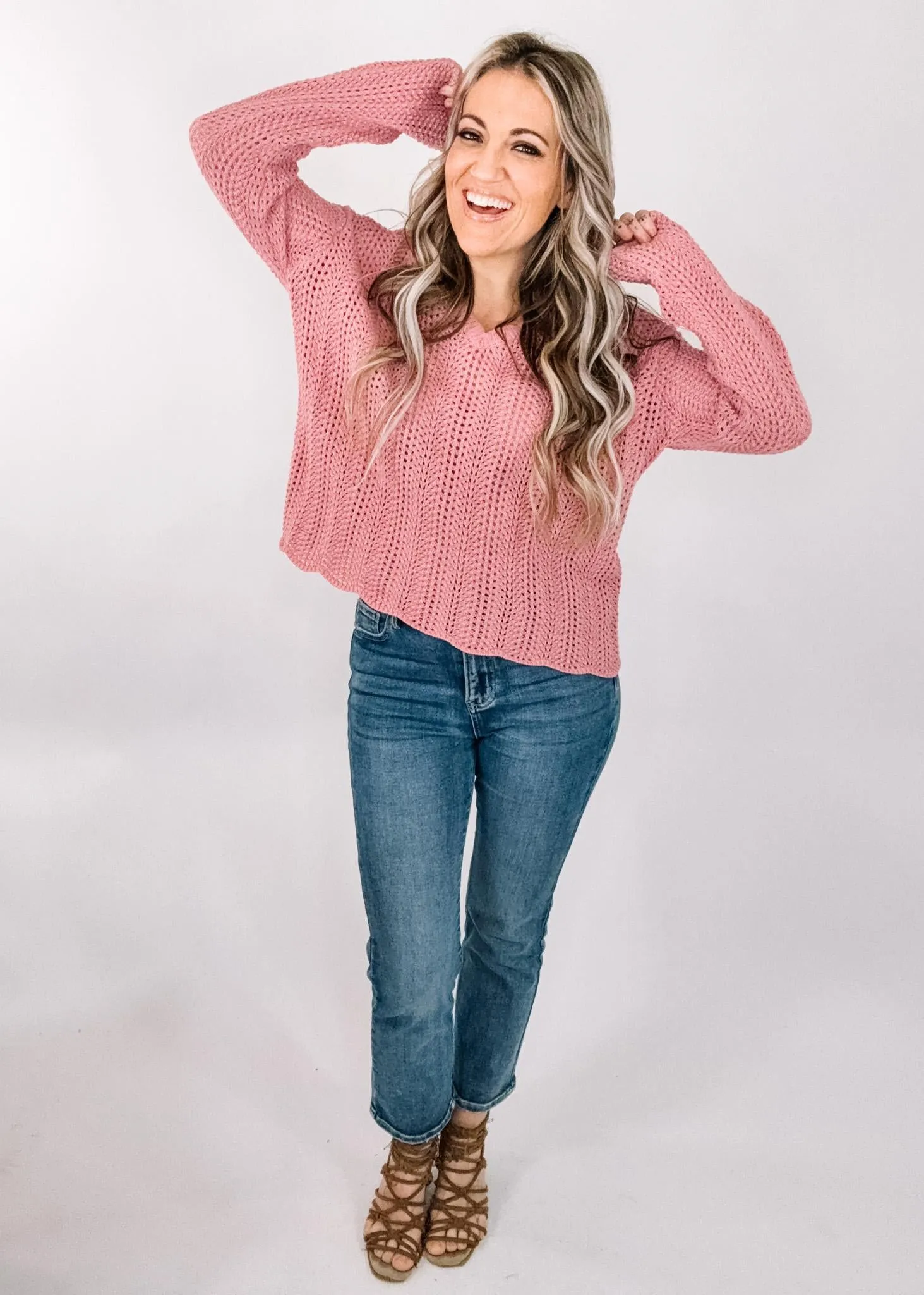 Pink Boxy Cut Crochet Knit Sweater