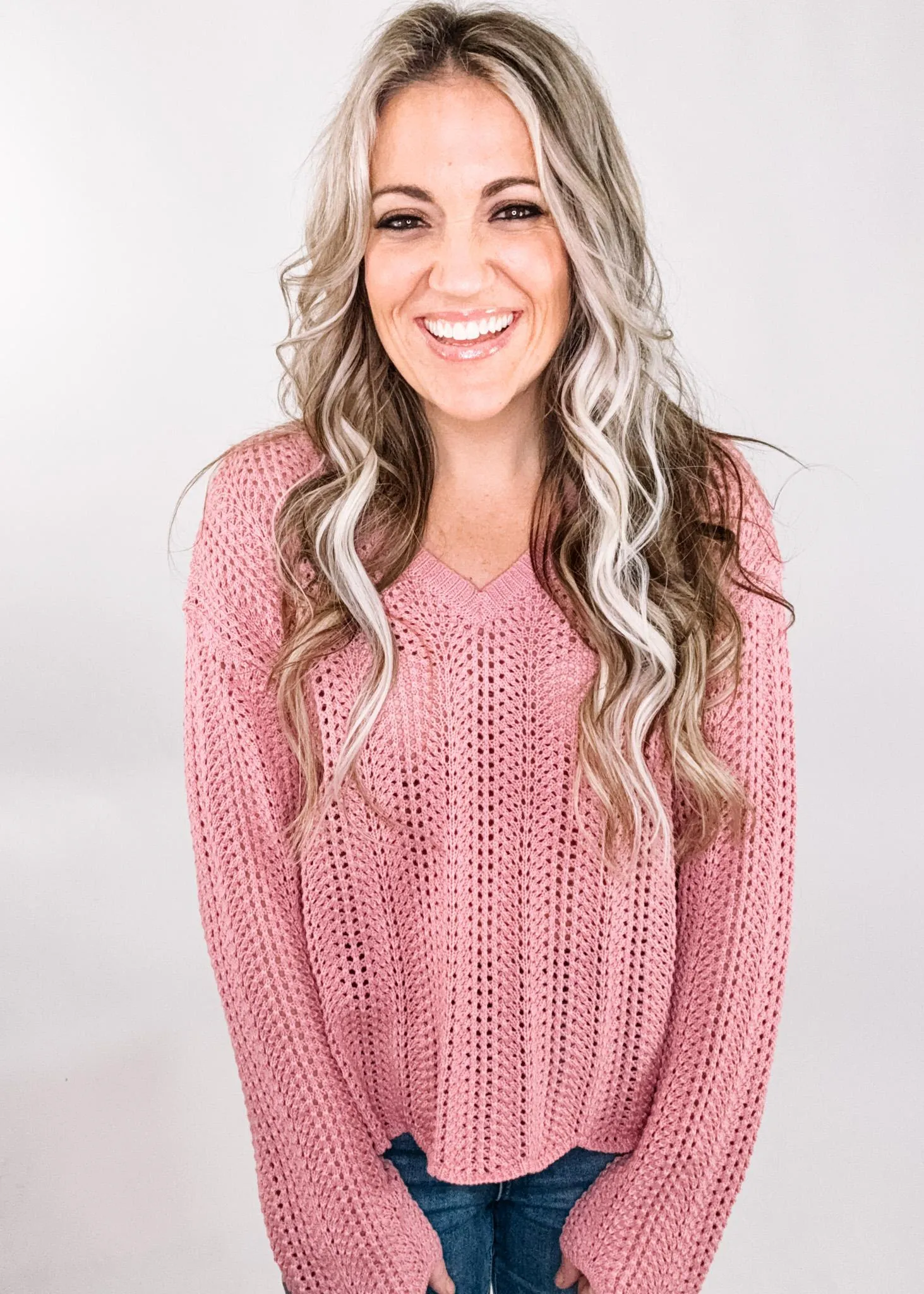 Pink Boxy Cut Crochet Knit Sweater
