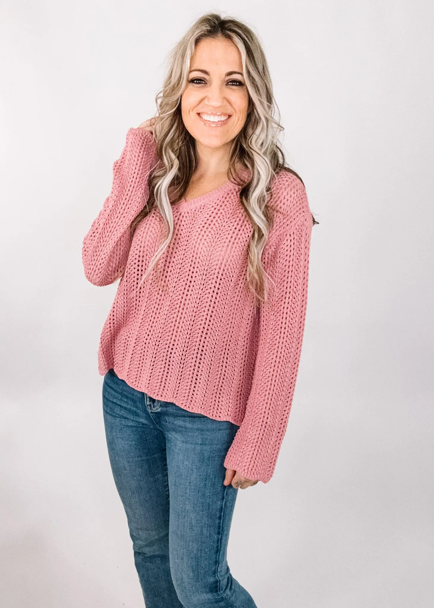 Pink Boxy Cut Crochet Knit Sweater