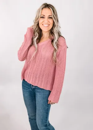Pink Boxy Cut Crochet Knit Sweater