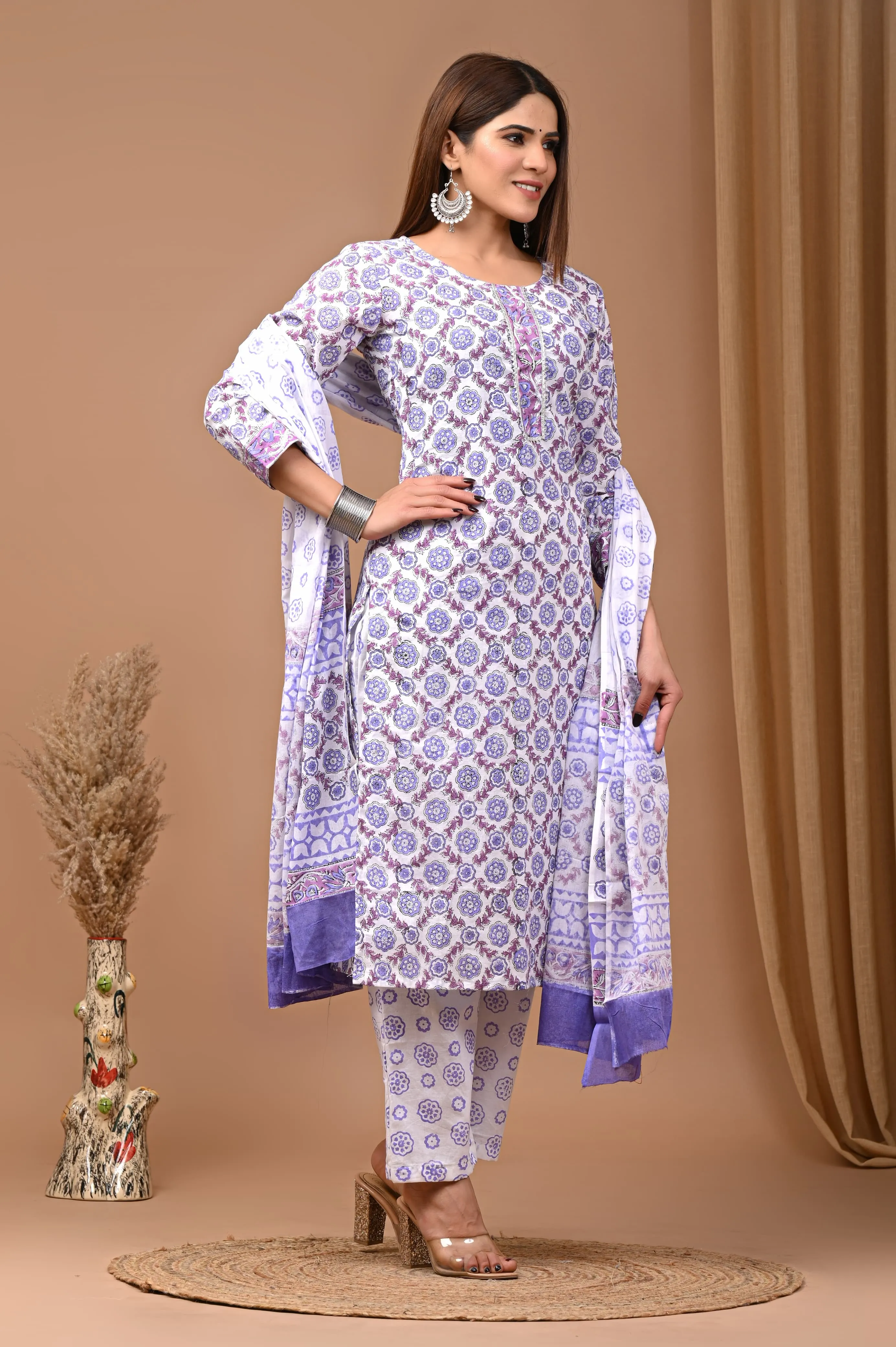 Purple Blue Block Print Suit Set With Dupatta