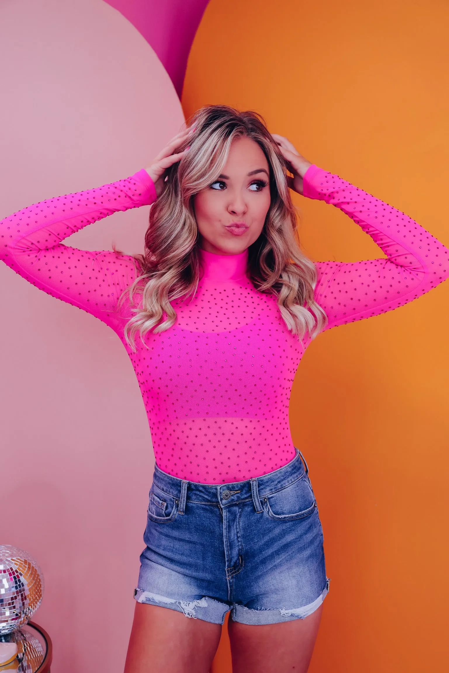Radiance Rhinestone Mesh Bodysuit - Pink
