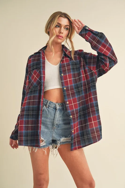 Red Flannel Plaid Button Up Raglan Sleeve Shirt