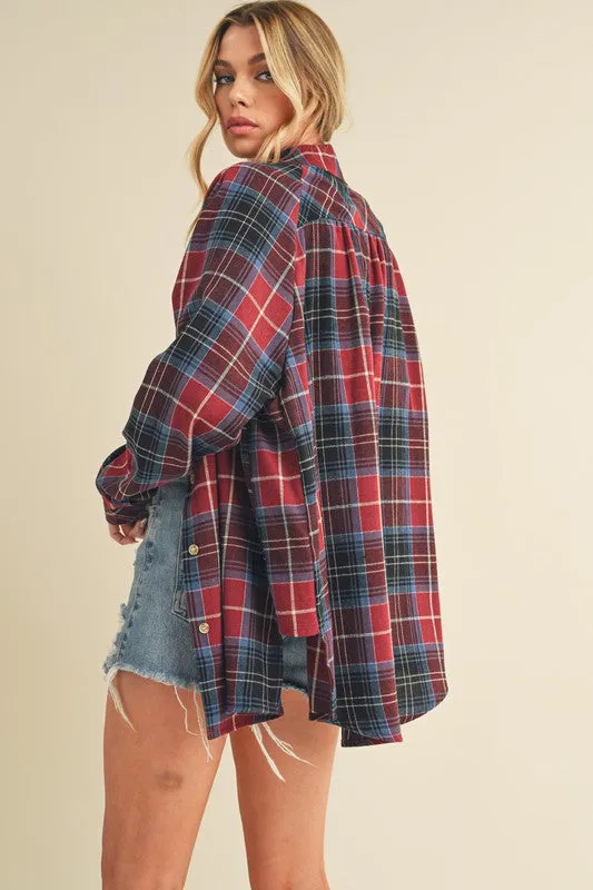 Red Flannel Plaid Button Up Raglan Sleeve Shirt