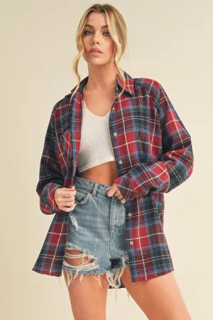 Red Flannel Plaid Button Up Raglan Sleeve Shirt