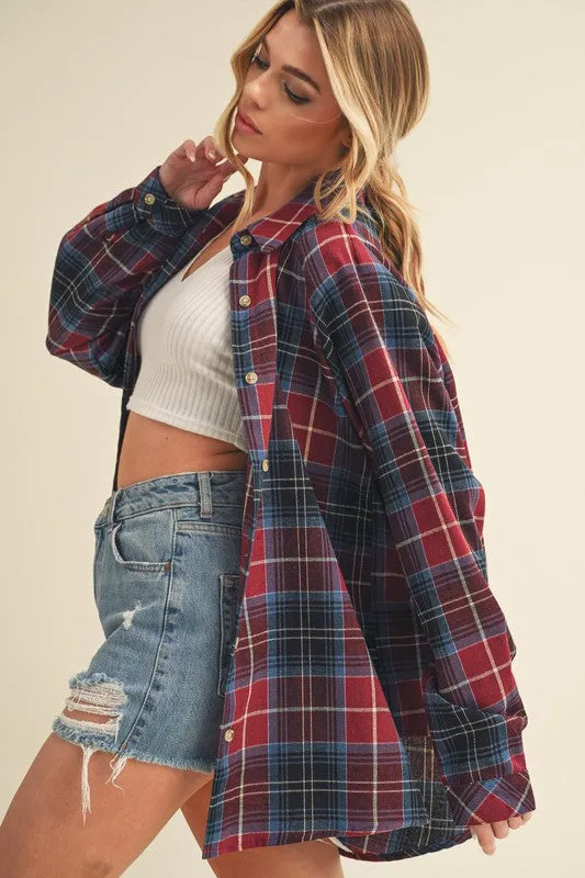 Red Flannel Plaid Button Up Raglan Sleeve Shirt